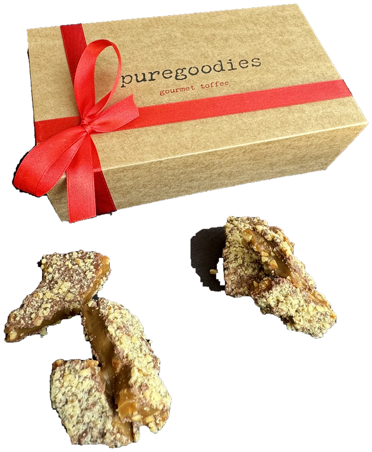 A puregoodies gift box tied with ribbon, with pieces of toffee beside it